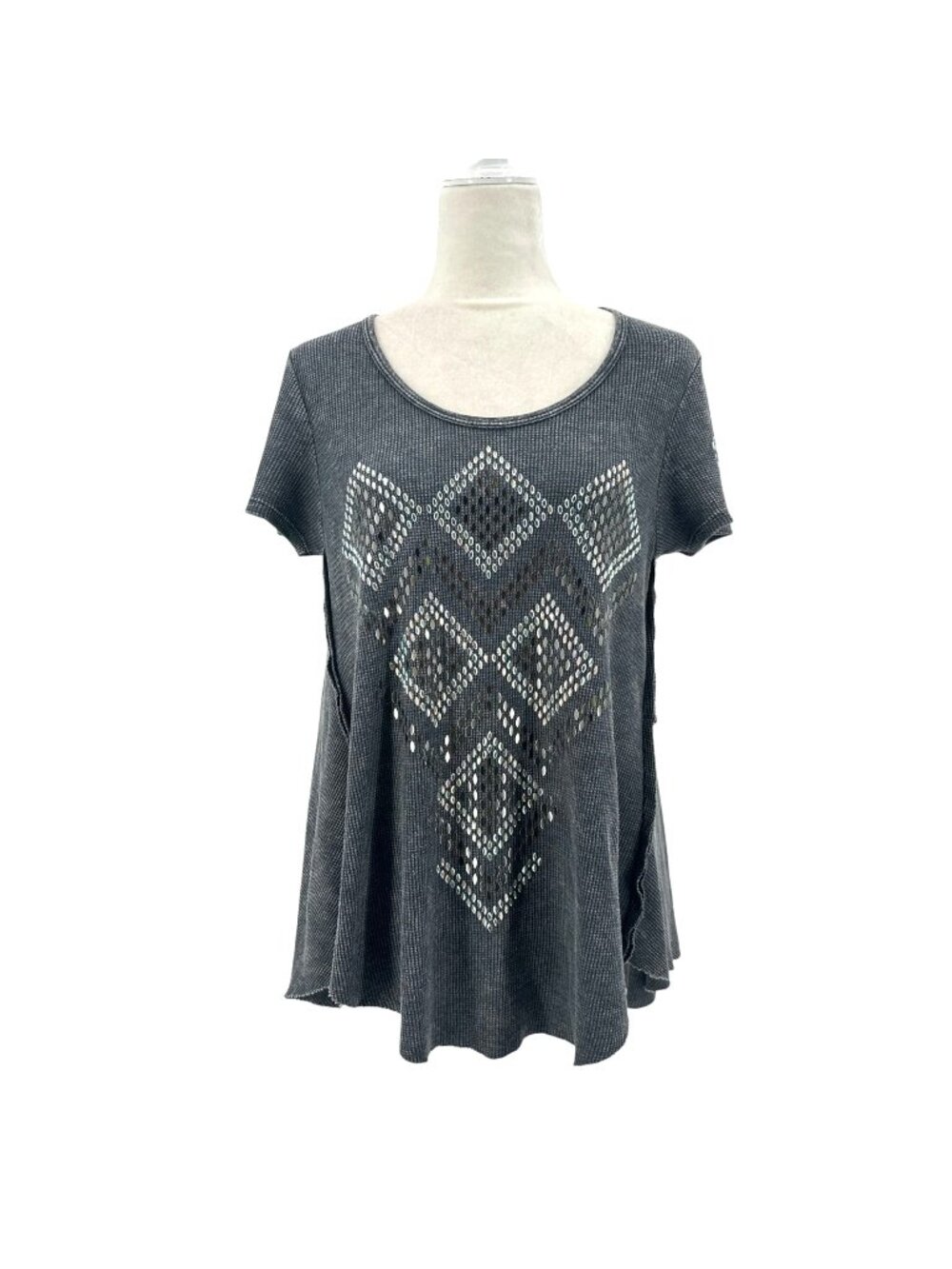 Vocal Womens Small Top Rhinestone Diamond Waffle Knit Distressed Gray Tunic